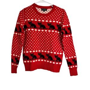 POL Womens Red Black Cat Polka Dot Intarsia Knit Crewneck Sweater Small